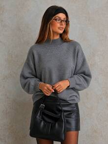 Women's Solid Color All-Match Versatile Mock Neck Long Sleeve Knit Sweater, Casual Versatile All-Match Pullover Sweater, Suitable For Daily Wear, Casual Commuting, Preppy Style, Vintage Style, Back To School - Grey - View 2