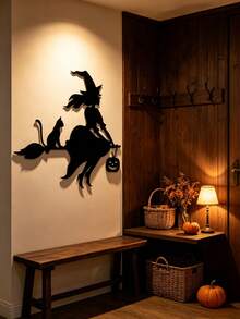 1 Peça Decoração de Parede de Ferro Bruxa Voadora, Bruxa Montada em Vassoura com Silhueta de Gato Preto e Abóbora, Decoração de Jardim, Adequado para Sala de Estar, Lareira, Varanda, Quintal, Jardim, Decoração de Festa de Halloween, Melhor Presente de Decoração para Casa para Amigos/Família - Gato Bruxo - Visão 8