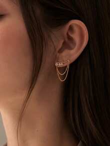 FAAABULS 1 Pair Exquisite Gold Multi-Layer Chain Drop Earrings, Small Crystal Decorated Multi-Strand Tassel Ear Hooks, Minimalist Everyday Earrings - Gold - View 2