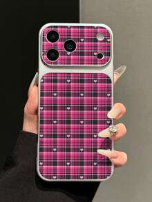 1pc Rose Red & Black Plaid Small Heart Flat Leather Texture Phone Case Electroplated Matte Silver Edge Full Coverage 2mm Shockproof Creative Precision Cut Raised Large Window Quick Change 18PM Lens Soft Shell Daily Use Suitable For IPhone18Pro/18Promax/17/17Pro/17PROMAX/16/16Pro/16PLUS/16PROMAX/15/11/12/13/14/15Pro/14Pro/13Pro/15PROMAX/14PROMAX/13PROMAX - Multicolor - View 3