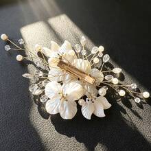 1件女款花卉水鑽梅花新娘婚禮髮夾盤髮裝飾 - 金色 - 查看 6
