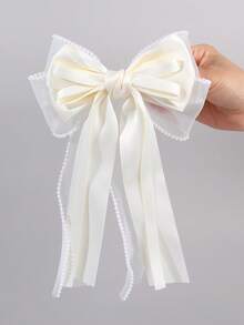 1pc Beige Grosgrain Ribbon Hair Bow For Girls Pearl Lace Trim Decor Long Streamer Alligator Clip Sweet Daily Hair Clips Kids Hair Accessories - Beige - View 5