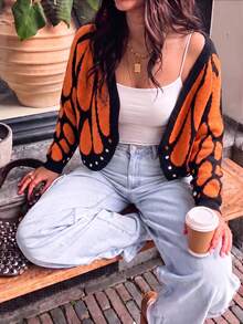 Butterfly Shawl Knit Cardigan, Colorblock Crochet Design, Loose Batwing Sleeves, Spring/Autumn Vibe Sweater Fall - Orange - View 2