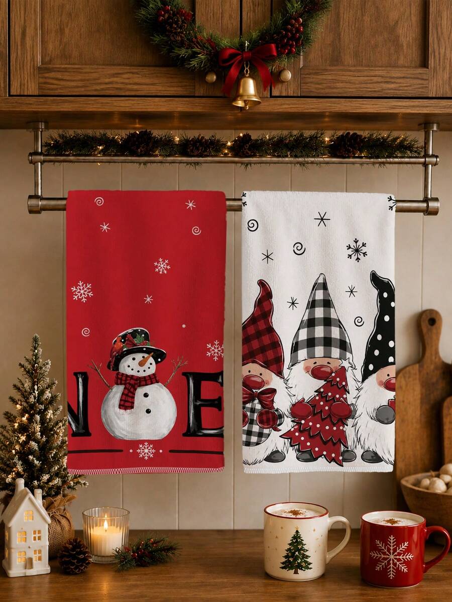 2er Set Weihnachts-Gnom & Schneemann Muster Küchentücher, Aquarell-Stil rechteckige Mikrofaser Küchentücher, Geschirrtücher, Spültücher, Handtücher, Koch- und Backtücher, Küchendekoration, Einweihungsgeschenk, Geburtstagsgeschenk, Badezimmer Reinigungstücher, Dekorative Tücher - Weiss - Übersicht 1