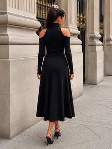 Women's Turtleneck Cold-Shoulder Long-Sleeve Shimmer Crepe Dress - Black - View 3
