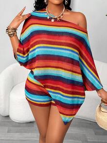 Aliling Women's Fashion Casual Bohemian Striped Asymmetric Neck Shawl Top And Fitted Shorts Set 2 Pieces, Elastic Knit Fabric, Suitable For Daily Wear, Vacation - Burgundy - View 6