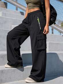 Women's Straight Drawstring Elastic Waist Zipper Pocket Sweatpants, Casual Outdoor Straight Cargo Pants, Neon Color Accents, Spring/Autumn Black - Black - View 2