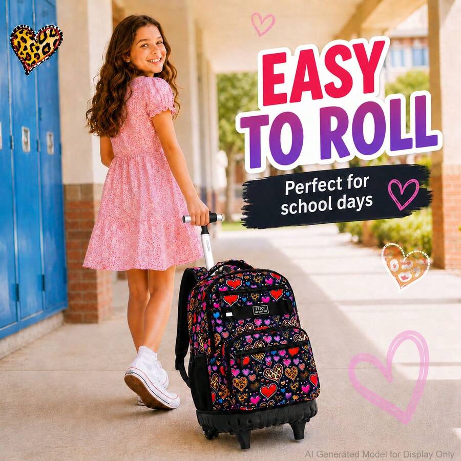 3pcs/Set Girls Colorful Heart & Leopard Print Oxford Fabric Rolling Backpack, Adjustable Shoulder Straps, Zipper Closure, Cute Style, Suitable For School And Daily Outings - Red - View 1