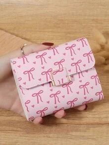 Fashionable Women's Bow Printed Short Credit Card Storage Bag, Simple And Casual Multifunctional Card Holder, Three Fold Buckle Women's Wallet - Hot Pink - View 1
