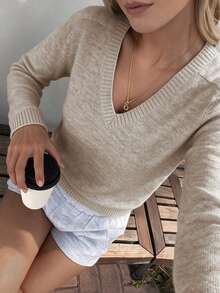SEREN Women's New Loose Fit Versatile V-Neck Long Sleeve Sweater, Autumn Minimalist Solid Color Base Layer Top, Suitable For Daily Wear - Light-flowered Apricot - View 5