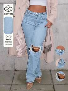 Y2K Knee Ripped Skinny Straight Tapered Jeans, Mom Jeans Casual Fall - Light Wash - View 2