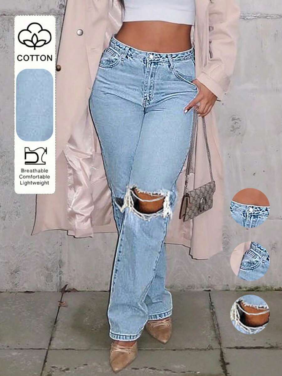 Y2K Knee Ripped Skinny Straight Tapered Jeans, Mom Jeans Casual Fall - Light Wash - View 1