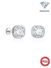 AnlaScheer 1pc S925 Sterling Silver Square Moissanite Flat Back Stud Earrings For Women, Classic Shiny Jewelry, Suitable For Daily Wear, Party, Date, Gift - Silver - View 7
