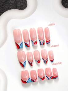 10片裝極簡風手工穿戴甲 Polygel 美甲套組，手繪圖案，紅、粉、藍色指甲油，獨特風格，附美甲工具，3種尺寸可選，杏仁甲、鴨嘴甲、棺材甲，適合派對、舞蹈、日常佩戴 - 彩色 - 查看 1
