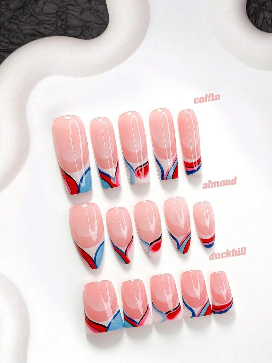 10片裝極簡風手工穿戴甲 Polygel 美甲套組,手繪圖案,紅、粉、藍色指甲油,獨特風格,附美甲工具,3種尺寸可選,杏仁甲、鴨嘴甲、棺材甲,適合派對、舞蹈、日常佩戴 - 彩色 - 查看 1