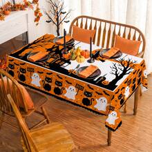 1pc Halloween Pumpkin Ghost Bat Print Rectangular Tablecloth, Suitable For Holiday, Party, Birthday, Dinner, Restaurant Table Decor, Autumn/Winter Home Decoration - Multicolor - View 1