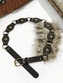 Women's Vintage Faux Fur Wide Waist Belt, Retro Western Rivet Decor Faux Fur Waist Cincher, Halloween Holiday Costume Accessory, Suitable For Dresses And Suits - A - View 10