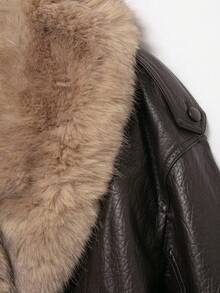 HZXVIC Women's Autumn New Retro Modern Style PU Leather Detachable Fur Collar Casual Motorcycle Jacket - Brown - View 9