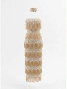Modphy New Fashionable Sexy Heavily Embellished Tassel, Rhinestone & Faux Pearl Strapless Backless Fitted Dress Fall Wedding Party - Apricot - View 8