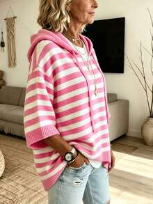 Sweater Rajut Bergaris Longgar Berkerudung Motif Blok Warna untuk Wanita Ukuran Plus, Cocok untuk Musim Gugur/Dingin - Berwarna merah muda - View 3