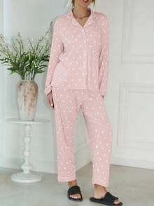 Women's Autumn/Winter Lapel Long Sleeve Long Pants Solid Color Heart Print Pajama Set - Burgundy - View 2