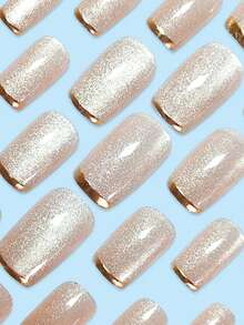 24PCS Square Press-On Nail Set With Adhesive, Includes 1 Nail File And 1 Jelly Glue, Suitable For Women And Girls, ML1416 Star Sand Gold Edge - Multicolor - View 3