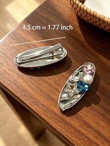 2pcs/Set Luxury Sparkling Colorful Rhinestone & Pearl Edge Hair Clips, Silver Metal Star & Heart Rhinestone Hair Clips, Women's Wedding Party Atmosphere Side Hair Accessories - Multicolor - View 3