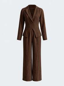Women's 2-Piece Faux Suit Set, Lapel Waist-Tie Cropped Blazer With High-Waist Pleated Wide-Leg Pants, Elegant Casual Commute Outfit - Coffee Brown - View 3