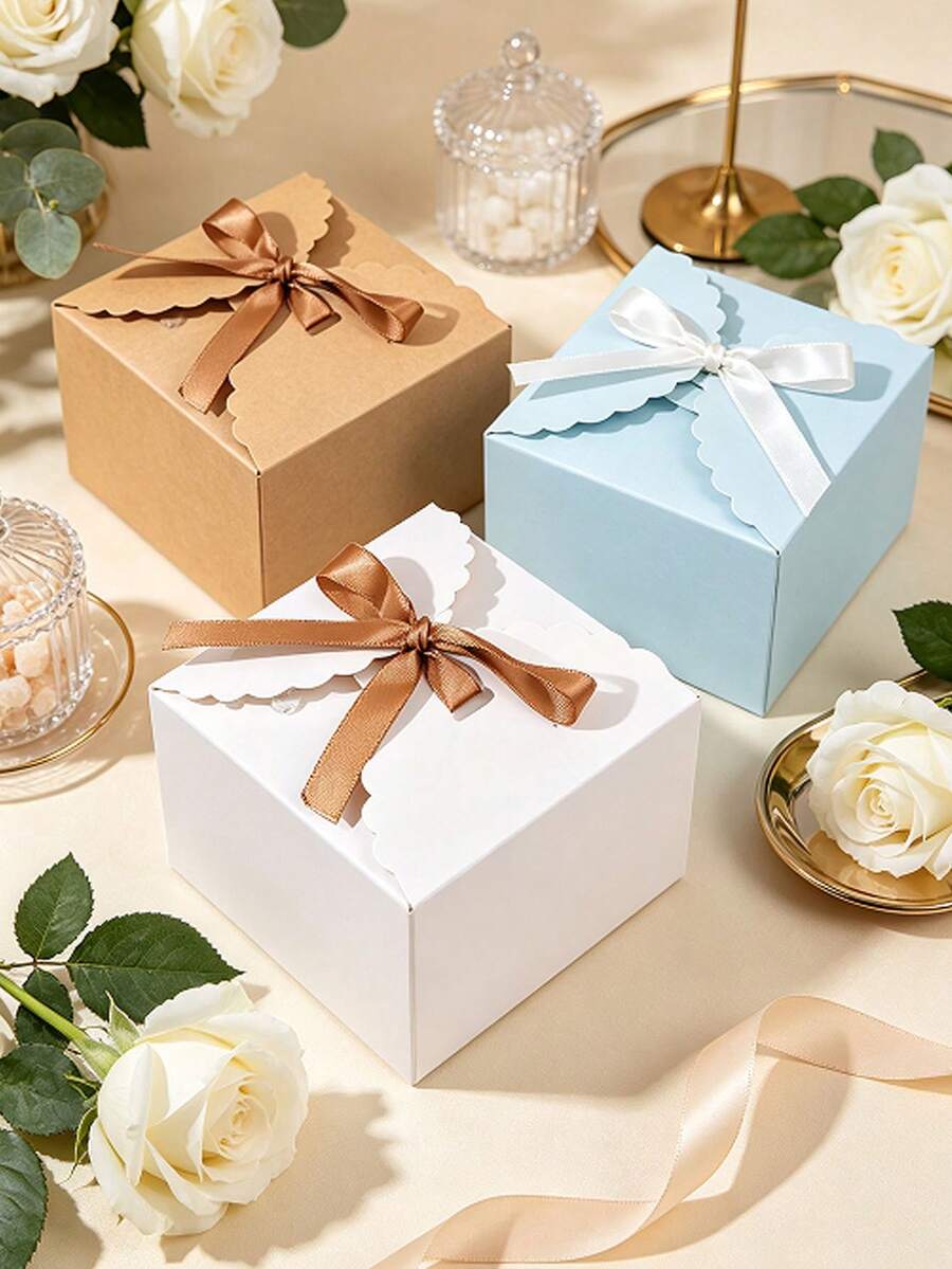 10/20/30pcs Wavy Edge Kraft Paper Gift Boxes With Ribbon Bow, Square Dessert Packaging Boxes, Multi-Purpose Gift Containers, Suitable For Wedding Favors, Holiday Parties, Handmade Gift Wrapping - Kraft Paper Gift Box - View 1