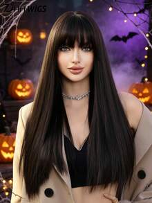 7JHH WIGS 女用22吋長直棕色假髮，附瀏海，合成蓬鬆耐熱纖維全機製假髮，適合派對穿著、萬聖節與節慶Cosplay及日常使用 - 黑棕色 - 查看 2