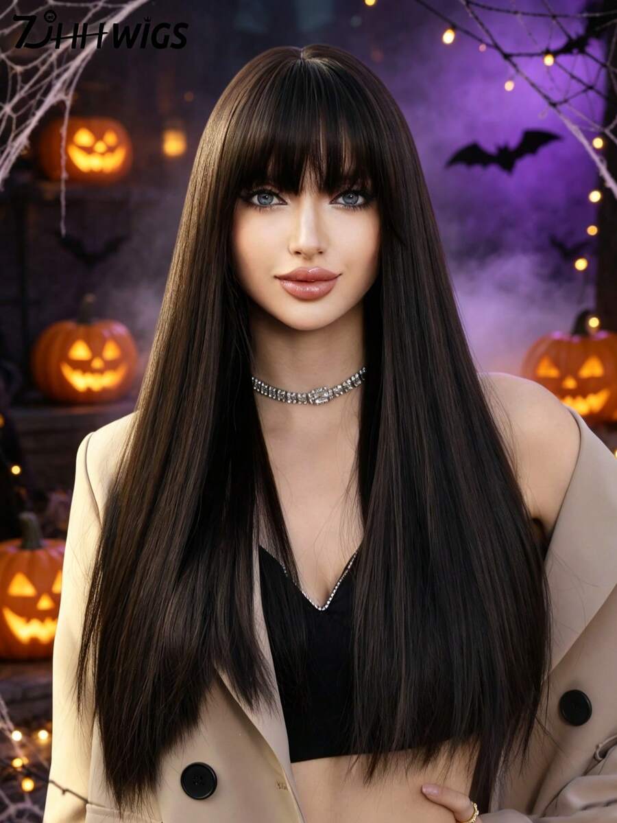 7JHH WIGS 女用22吋長直棕色假髮，附瀏海，合成蓬鬆耐熱纖維全機製假髮，適合派對穿著、萬聖節與節慶Cosplay及日常使用