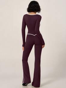 TimeOff Women's 1pc Colorblock White Line Square Neck Built-In Removable Padded Long Sleeve Flare Leg Jumpsuit - Purple - View 7