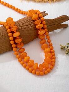 OABE 2pcs/Set Bohemian Style Orange Beaded Necklace Set, Long And Short Layered Necklaces For Women's Daily Wear - Orange - View 3