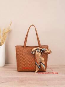 1pc Quilted Diamond Embroidered Large Capacity Lightweight Versatile Commuter Tote Bag With Scarf Decoration - Brown - View 1