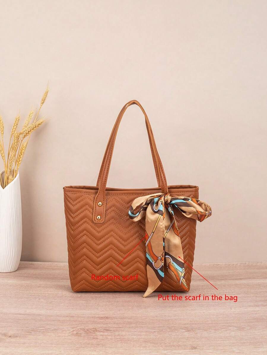 1pc Quilted Diamond Embroidered Large Capacity Lightweight Versatile Commuter Tote Bag With Scarf Decoration - Brown - View 1