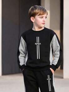 Boys' Spring/Autumn Round Neck Colorblock Sweatshirt 2 Pieces Set, Contrast Sleeve Print Top And Side Contrast Cuffed Sweatpants, Children's Knit Outfit - Black - View 5