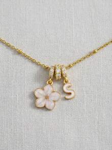 1pc Five-Petal Flower & Initial Letter Multi-Pendant Necklace For Girls Anniversary Dates Parties Prom Birthday Gift For Daily Versatile Jewelry Gift - White - View 4