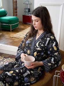 Women's Vacation Style Colorblock Universe Star & Moon Print Robe - Black - View 2