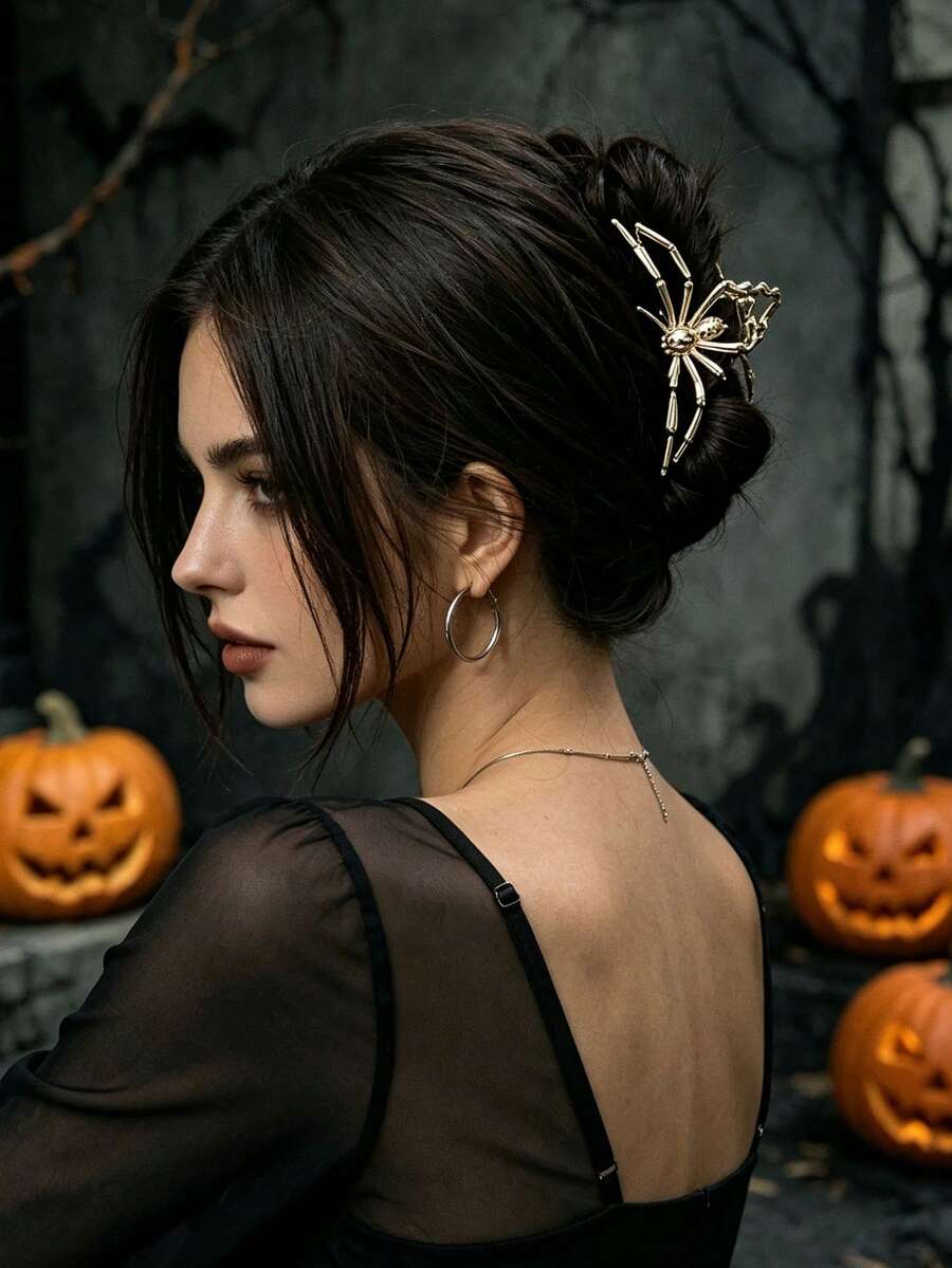 2/1pc Autumn Halloween Vintage Gold Metal Spider Hair Claw Clip, 3D Hollow Spider Design Hair Clip, Holiday Party, Cosplay Dark Atmosphere Hair Accessory - Multicolor - View 1