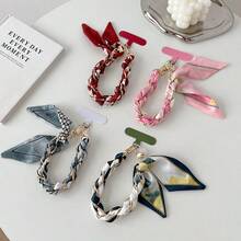 1pc Small Woven Silk Scarf Phone Lanyard Wrist Strap Short Metal Phone Chain Keychain Pendant Camera Charm - Multicolor - View 1