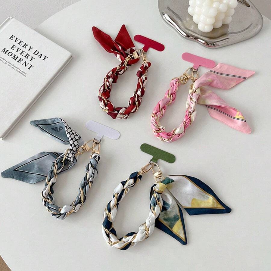 1pc Small Woven Silk Scarf Phone Lanyard Wrist Strap Short Metal Phone Chain Keychain Pendant Camera Charm - Multicolor - View 1