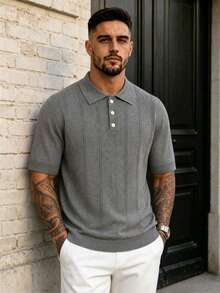 Lookun Men's Polo Shirt, Polo Collar, Short Sleeve, Knit, Loose Fit, Straight Cut, Business Casual, Spring/Summer - Grey - View 1
