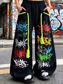 HEYKESON Men's Graffiti Print Loose Fit High Waist Sweatpants With Fluorescent Thick Drawstring, Street Style - Black - View 3