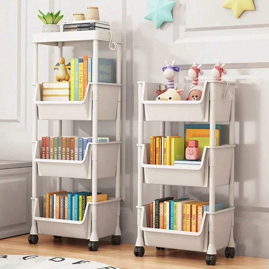 1pc White Mobile Storage Cart, Plastic Practical Storage Rack With Wheels, Adjustable Shelf Unit, Space-Saving For Living Room, Bedroom, Dorm, Office - Easy To Assemble, Sturdy Structure, Compact Design, Independent Stand, Tilted Shelves, Multi-Purpose - White - View 1