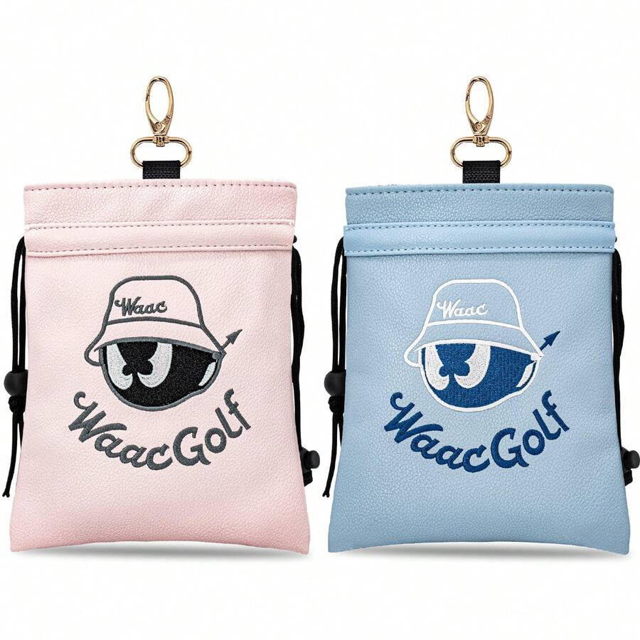 1pc Cartoon Embroidered Golf Drawstring Pouch, Pu Accessory Storage Bag With Carabiner Clip For Golf Balls Tees Sports Gear