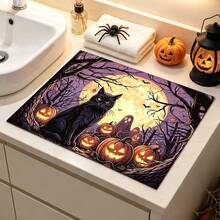 1pc Dish Drying Mat, Coffee Machine Mat, Halloween Black Cat Theme Dish Drying Mat, Vintage Moon Night Ghost Pumpkin Pattern, Suitable For Holiday Tabletop Decoration, Vintage Atmosphere Home Decor, Multi-Purpose Drying Mat, Family Gift, Tabletop Decoration - XYLSD-998 - View 6