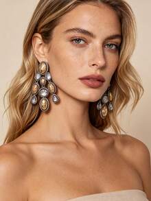1 Pair Luxury Vintage Exaggerated Geometric Full Rhinestone Multi-Layer Patchwork Pendant Earrings, Fashionable Elegant Cool Elegant Versatile For Women - Fashion Patchwork Pendant Earrings - View 1