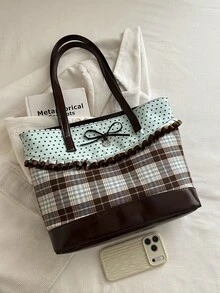 Sweet Ruffle Bow Tote Bag, Striped & Polka Dot Patchwork, Zipper Closure. Lightweight & Large Capacity, Suitable For Casual, Work And Student Daily Use. - Green - View 5