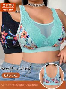 2pcs/Set Casual Comfortable Minimalist Plus Size Women's Bra, Printed Design With Lace Patchwork, Wireless Lift-Up Soft Comfortable Lingerie - Multicolor - View 1