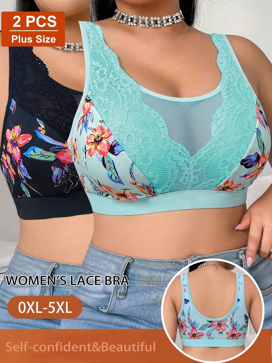 2pcs/Set Casual Comfortable Minimalist Plus Size Women's Bra, Printed Design With Lace Patchwork, Wireless Lift-Up Soft Comfortable Lingerie - Multicolor - View 1